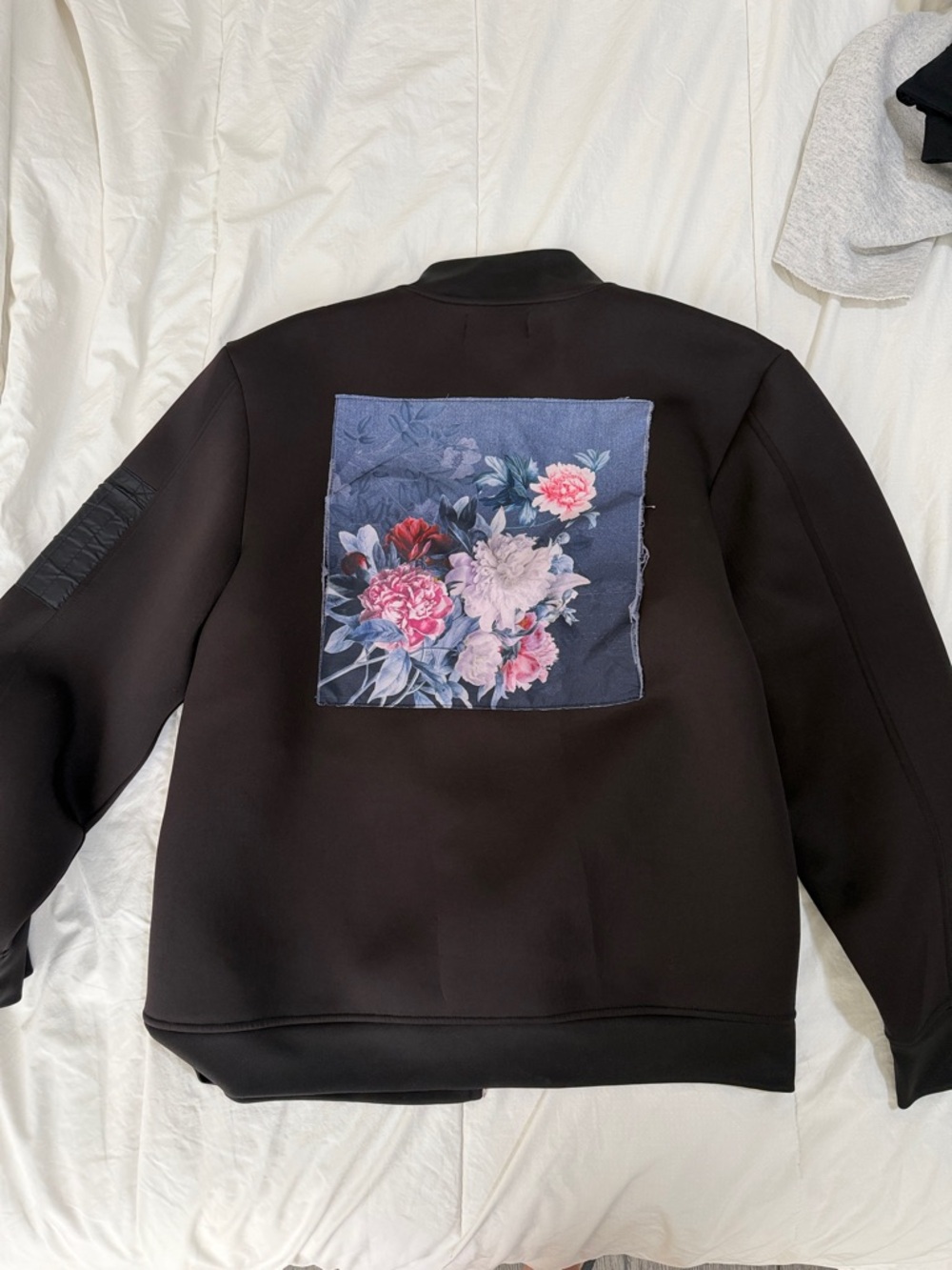 INC International Concepts Black Bomber Jacket with Floral Back Patch